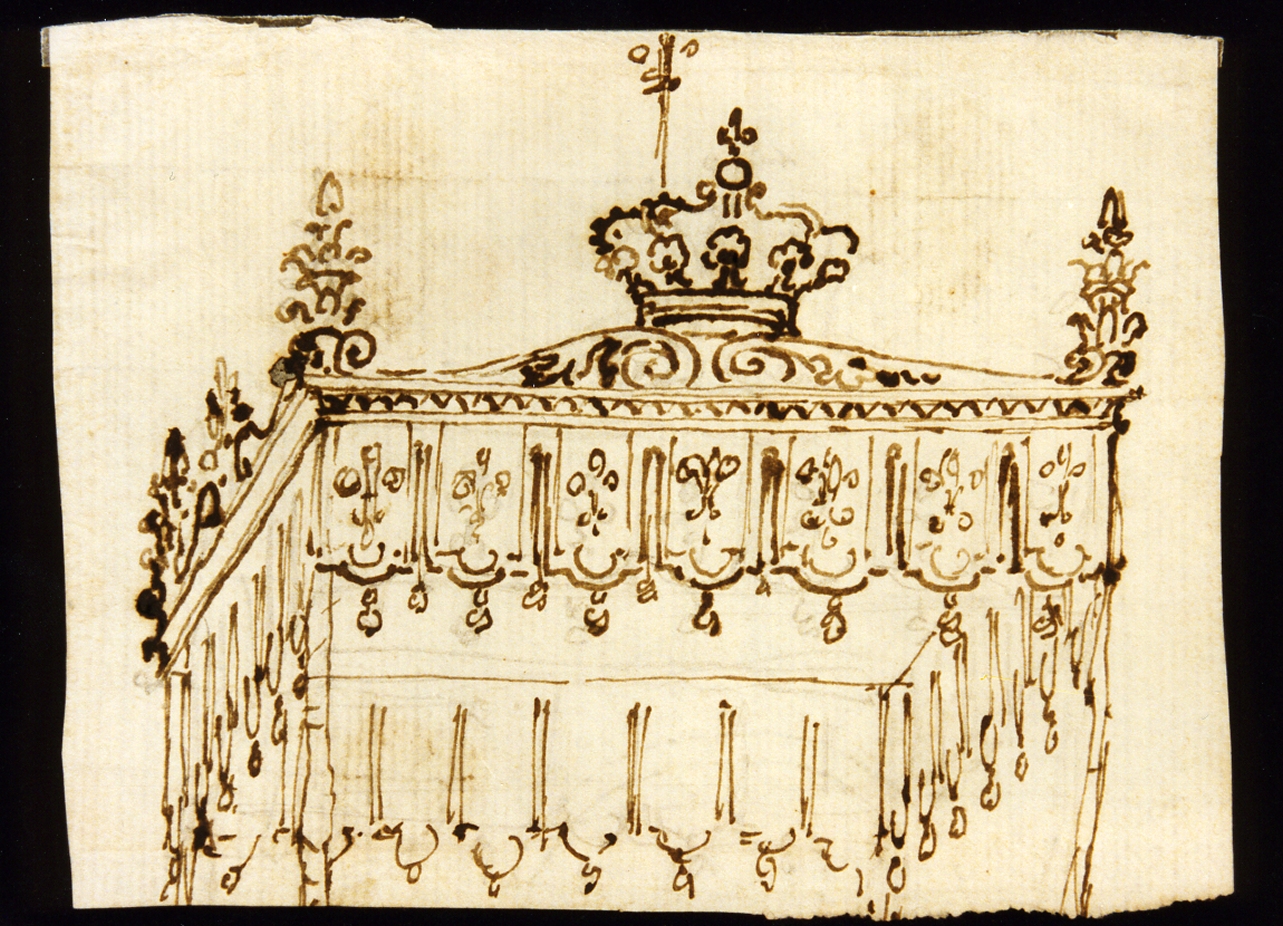 bozzetto di scenografia con baldacchino (disegno) di Niccolini Antonio (scuola) (sec. XIX)