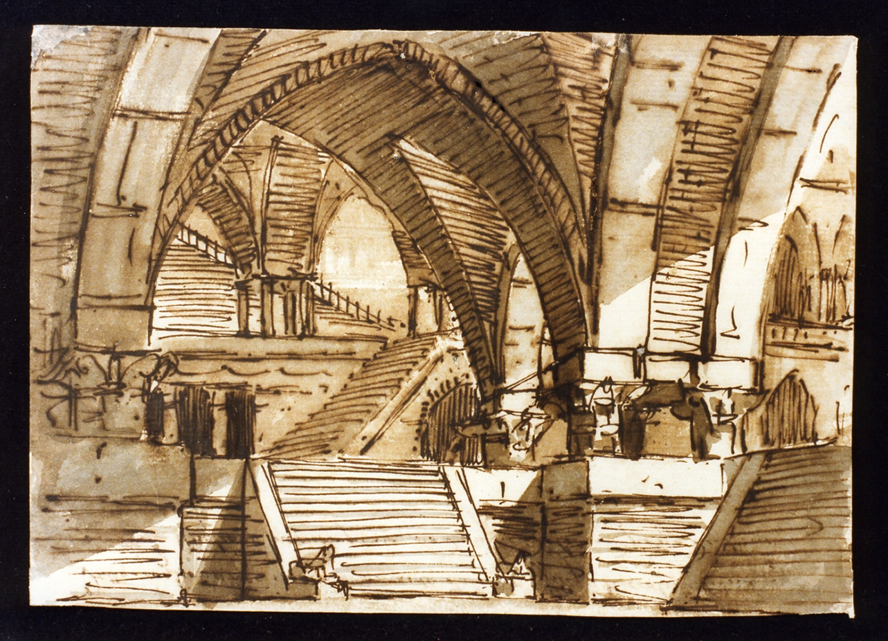 bozzetto di scenografia con volte a crociera e scale (disegno) di Niccolini Antonio (scuola) (sec. XIX)