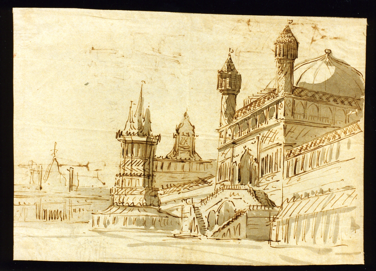 bozzetto di scenografia con architetture orientali (disegno) di Niccolini Antonio (scuola) (sec. XIX)