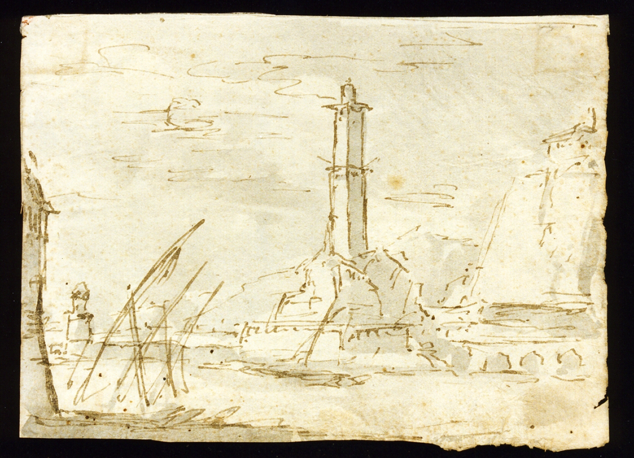 bozzetto di scenografia con faro (disegno) di Niccolini Antonio (scuola) (sec. XIX)