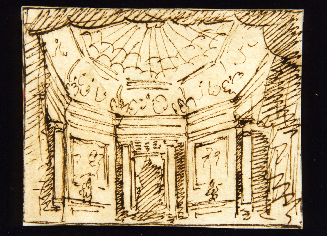 bozzetto di scenografia con tempio a pianta ottagona (disegno) di Niccolini Antonio (scuola) (sec. XIX)