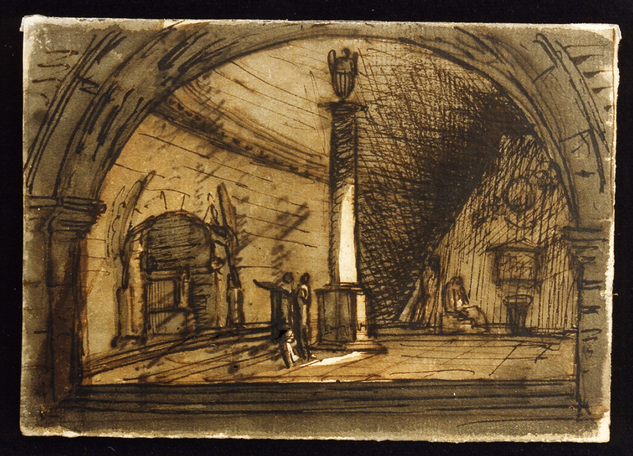 bozzetto di scenografia con volte a vela e colonna centrale (disegno) di Niccolini Antonio (scuola) (sec. XIX)