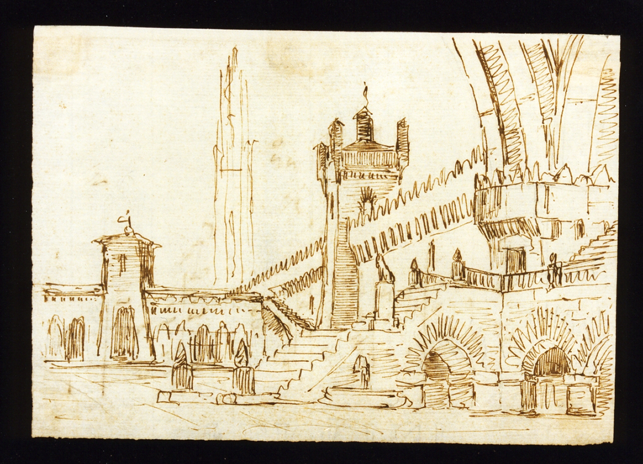 bozzetto di scenografia con architetture medievali (disegno) di Niccolini Antonio (scuola) (sec. XIX)