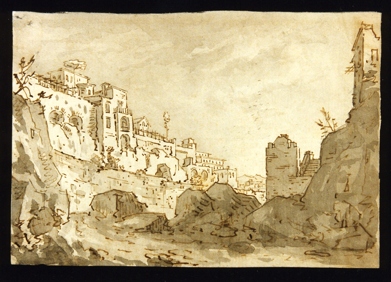 bozzetto di scenografia con veduta di paese (disegno) di Niccolini Antonio (scuola) (sec. XIX)
