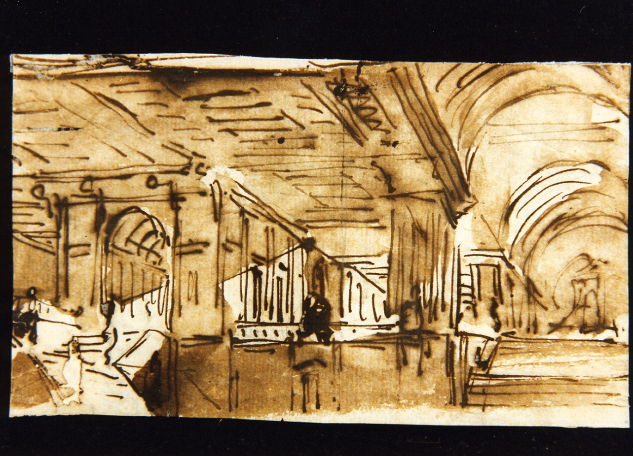 bozzetto di scenografia con ambiente archivoltato e colonnato (disegno) di Niccolini Antonio (scuola) (sec. XIX)