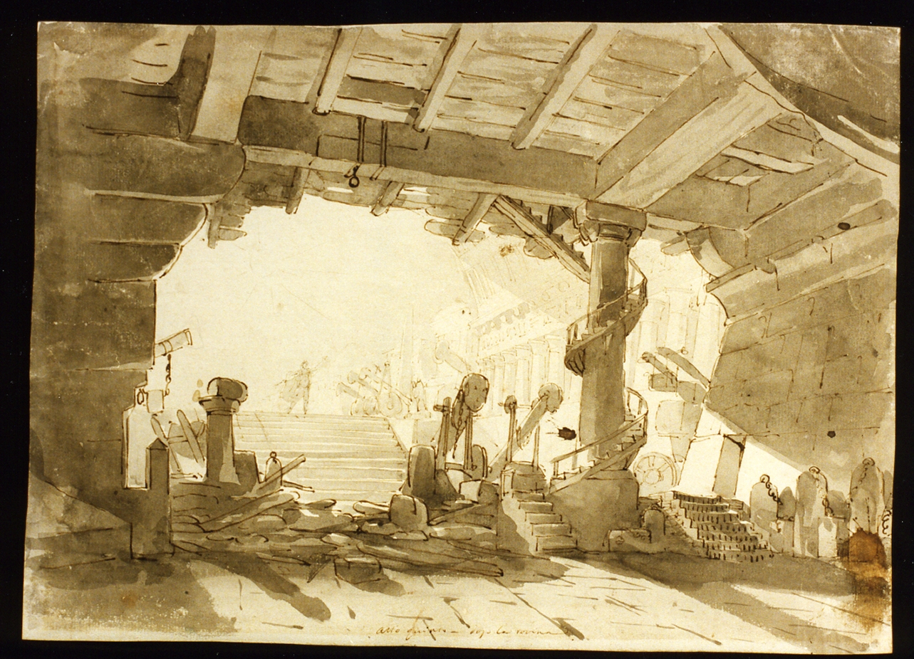 bozzetto di scenografia con rovine (disegno) di Niccolini Antonio (scuola) (sec. XIX)