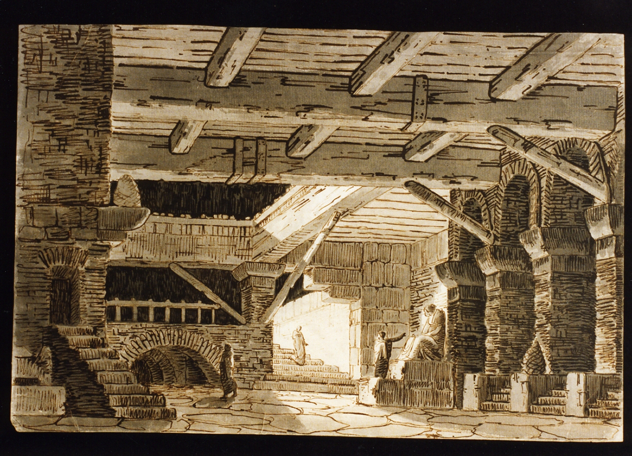 bozzetto di scenografia di interno con soffitto ligneo (disegno) di Niccolini Antonio (scuola) (sec. XIX)