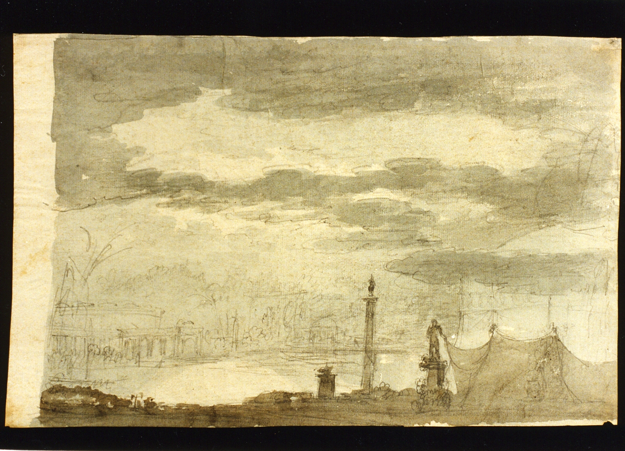 bozzetto di scenografia con paesaggio e statue (disegno) di Niccolini Antonio (scuola) (sec. XIX)