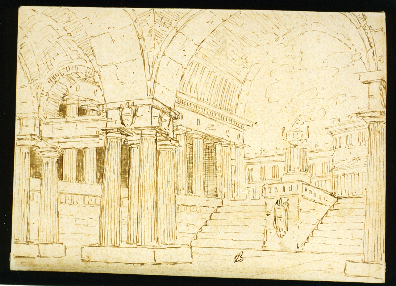 bozzetto di scenografia con porticato e piazza (disegno) di Niccolini Antonio (prima metà sec. XIX)