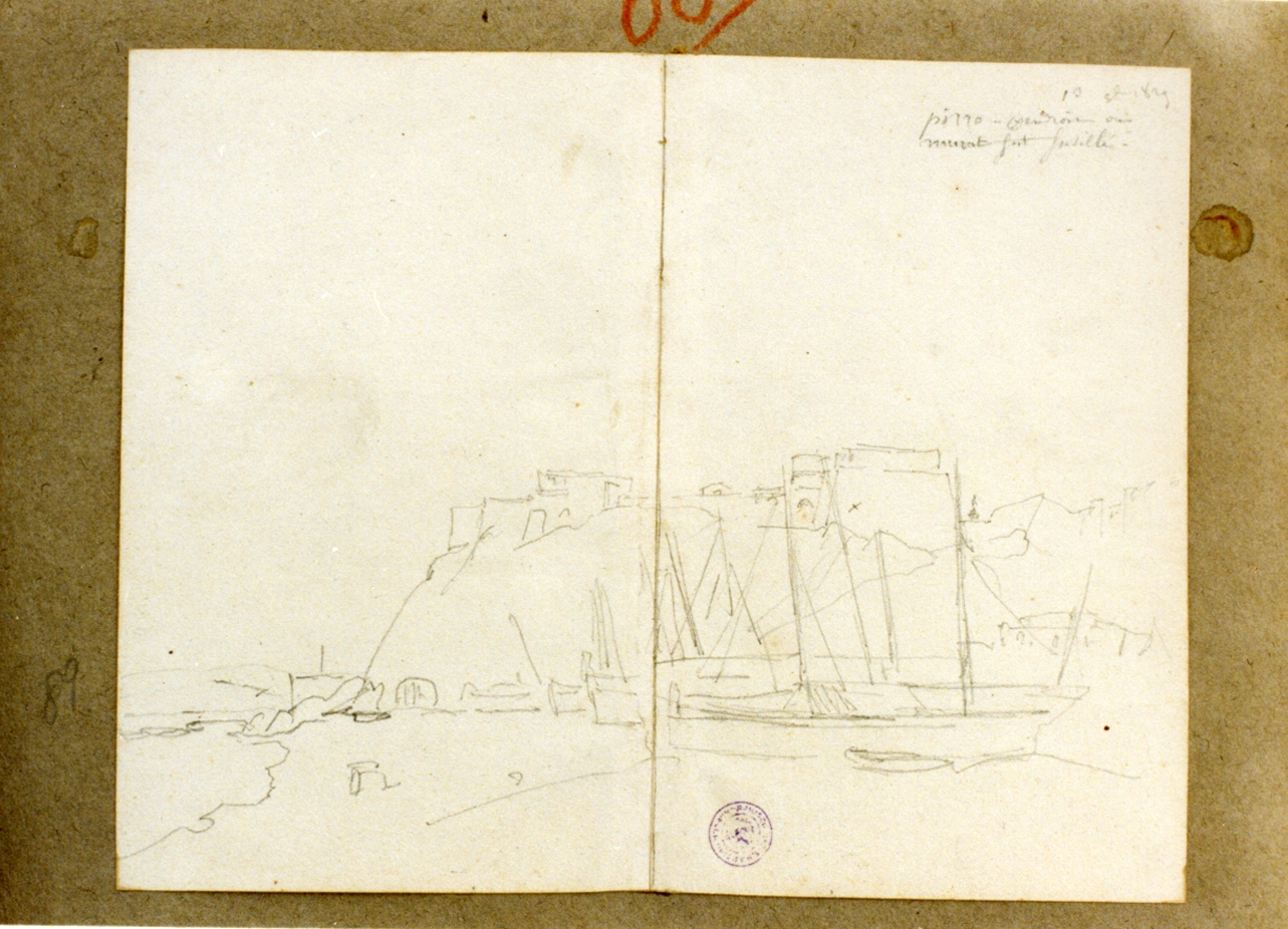 veduta di promontorio con barche (disegno) di Vervloet Frans (secondo quarto sec. XIX)
