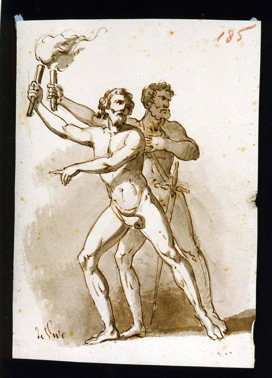 studio di due figure maschili nude con fiaccole (disegno) di De Vivo Tommaso (terzo quarto sec. XIX)