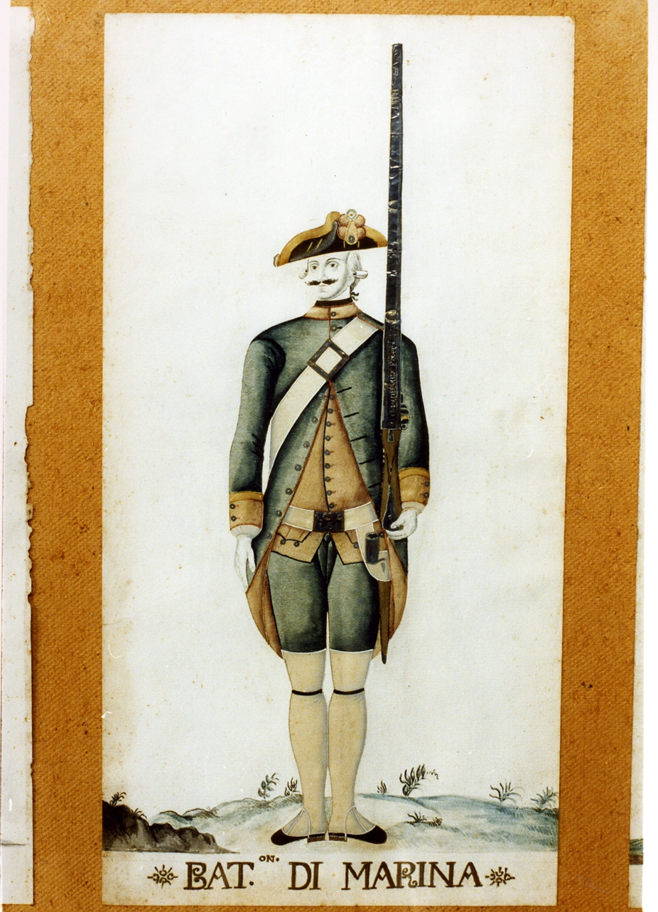 militare borbonico del battaglione di marina (disegno) - ambito napoletano (sec. XVIII)