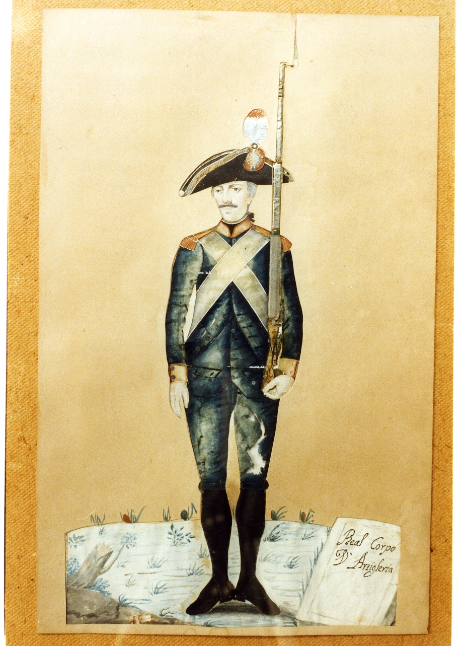 militare borbonico del real corpo di artiglieria (disegno) - ambito napoletano (sec. XVIII)