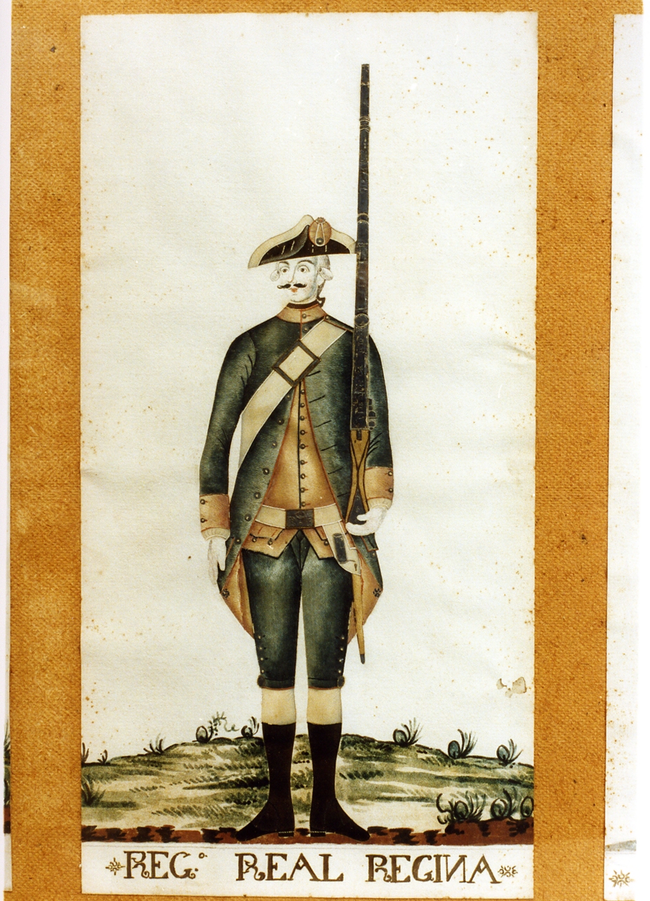 militare borbonico del reggimento real regina (disegno) - ambito napoletano (sec. XVIII)