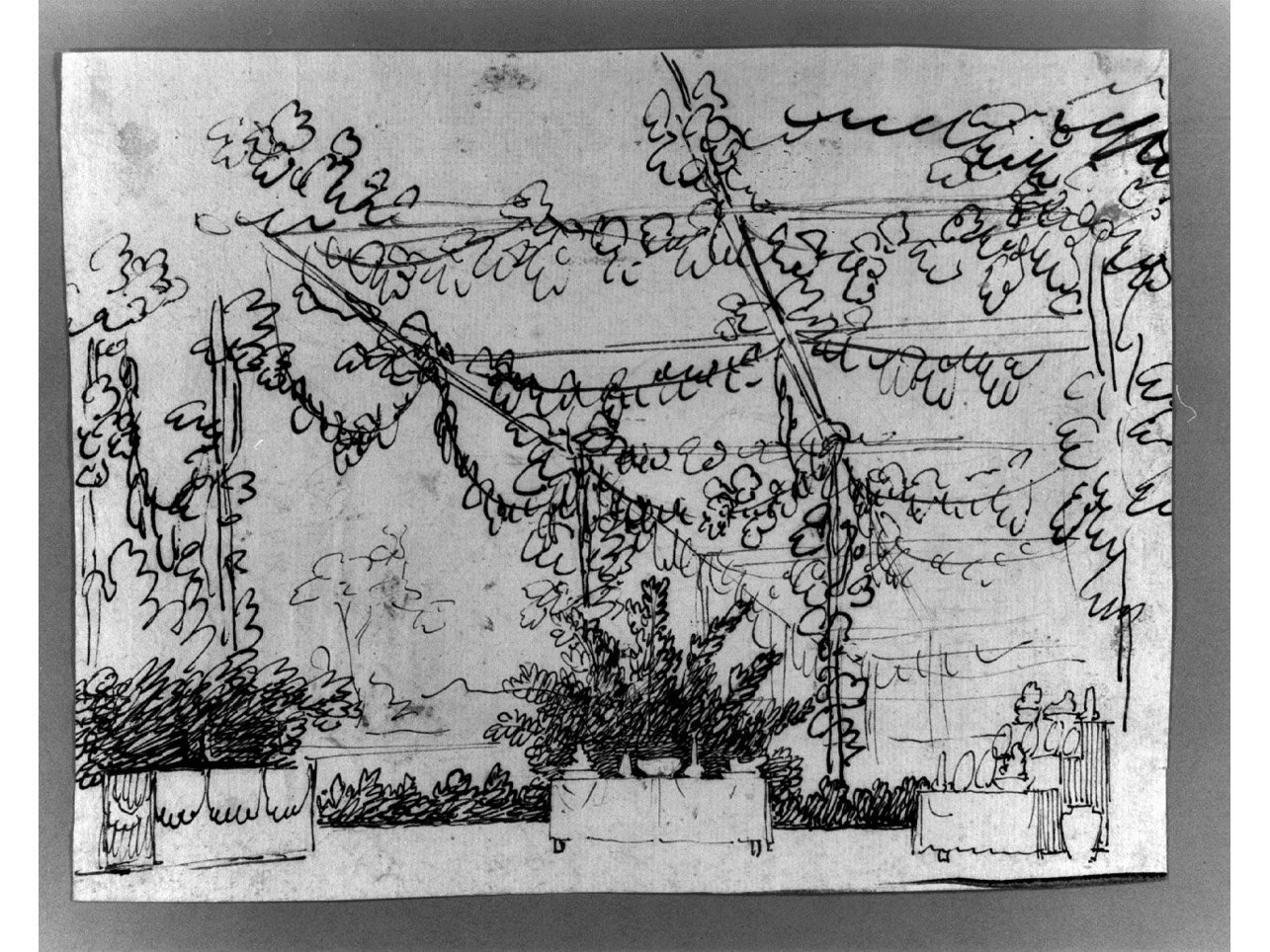 pergolato e tavole imbandite (disegno) di Niccolini Antonio (sec. XIX)
