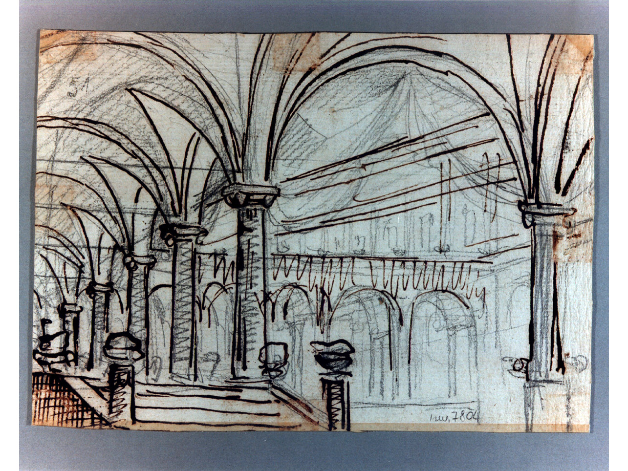 porticato con scale in primo piano (disegno, elemento d'insieme) di Niccolini Antonio (sec. XIX)