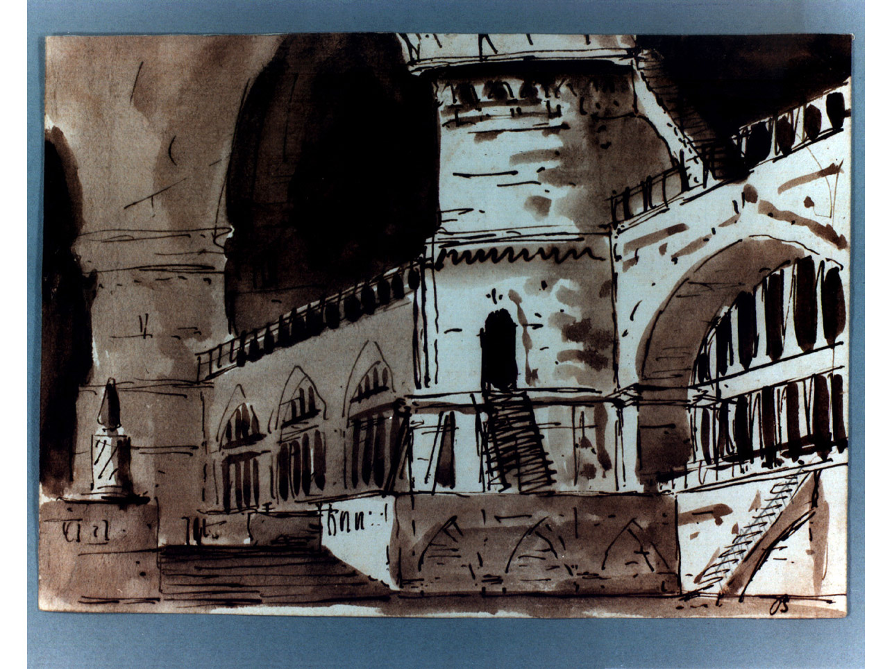 fortezza con torrione e polifore a sesto acuto (disegno di scenografia) di Niccolini Antonio (sec. XIX)