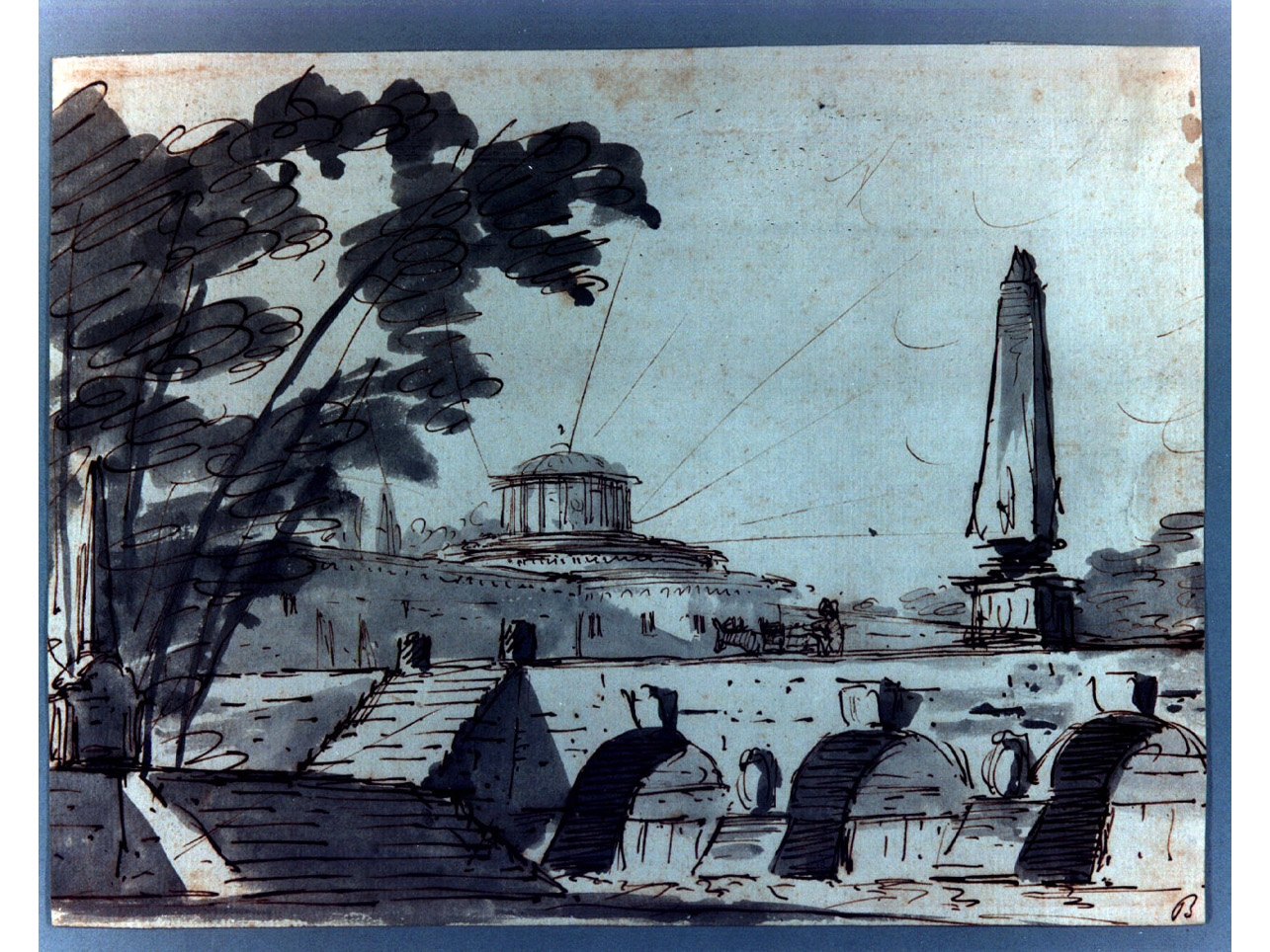veduta di tempio e ponte (disegno) di Niccolini Antonio (sec. XIX)