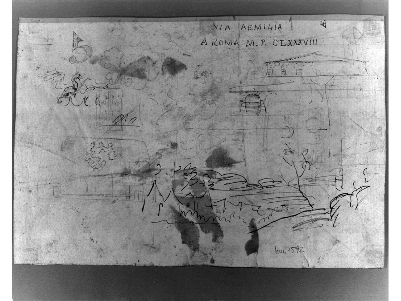 architettura/ drago alato/ paesaggio (disegno, elemento d'insieme) di Niccolini Antonio (scuola) (sec. XIX)