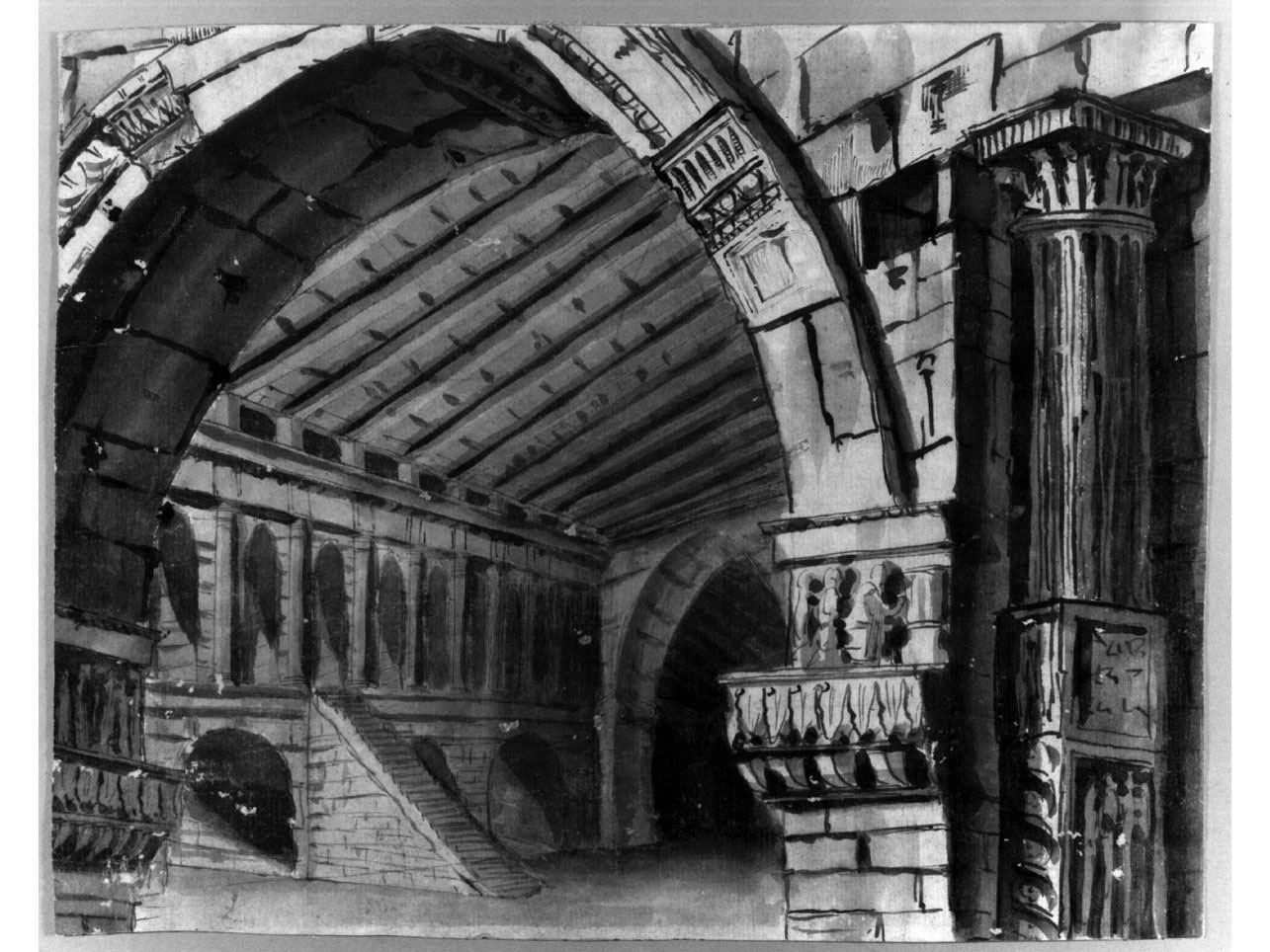 interno con archi (disegno, elemento d'insieme) di Niccolini Antonio (scuola) (prima metà sec. XIX)
