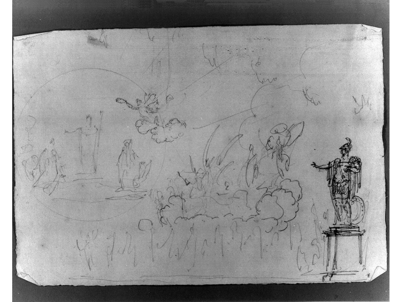 statua su piedistallo/ genio alato in atto di incoronare/ nubi (disegno di scenografia) di Niccolini Antonio (secondo quarto sec. XIX)