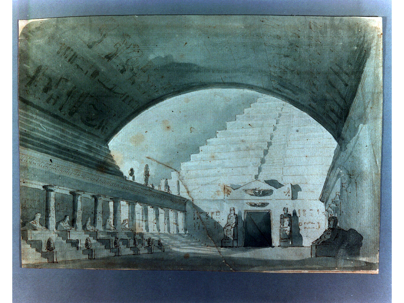 ambiente con volta a botte, e ingresso a tomba piramidale (disegno, elemento d'insieme) di Niccolini Antonio (sec. XIX)