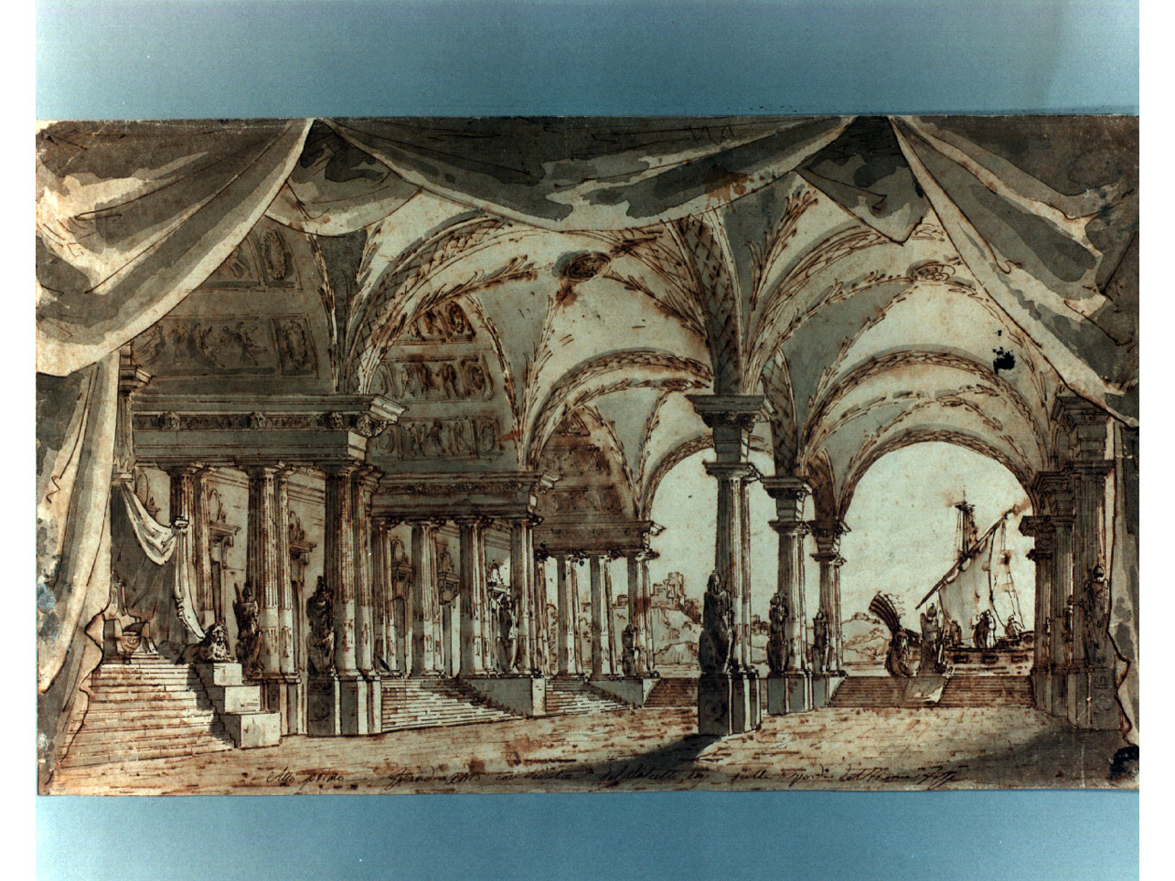 grand'atrio con veduta del vascello sulla sponda del fiume Joti, atrio di reggia (disegno, elemento d'insieme) di Niccolini Antonio (sec. XIX)