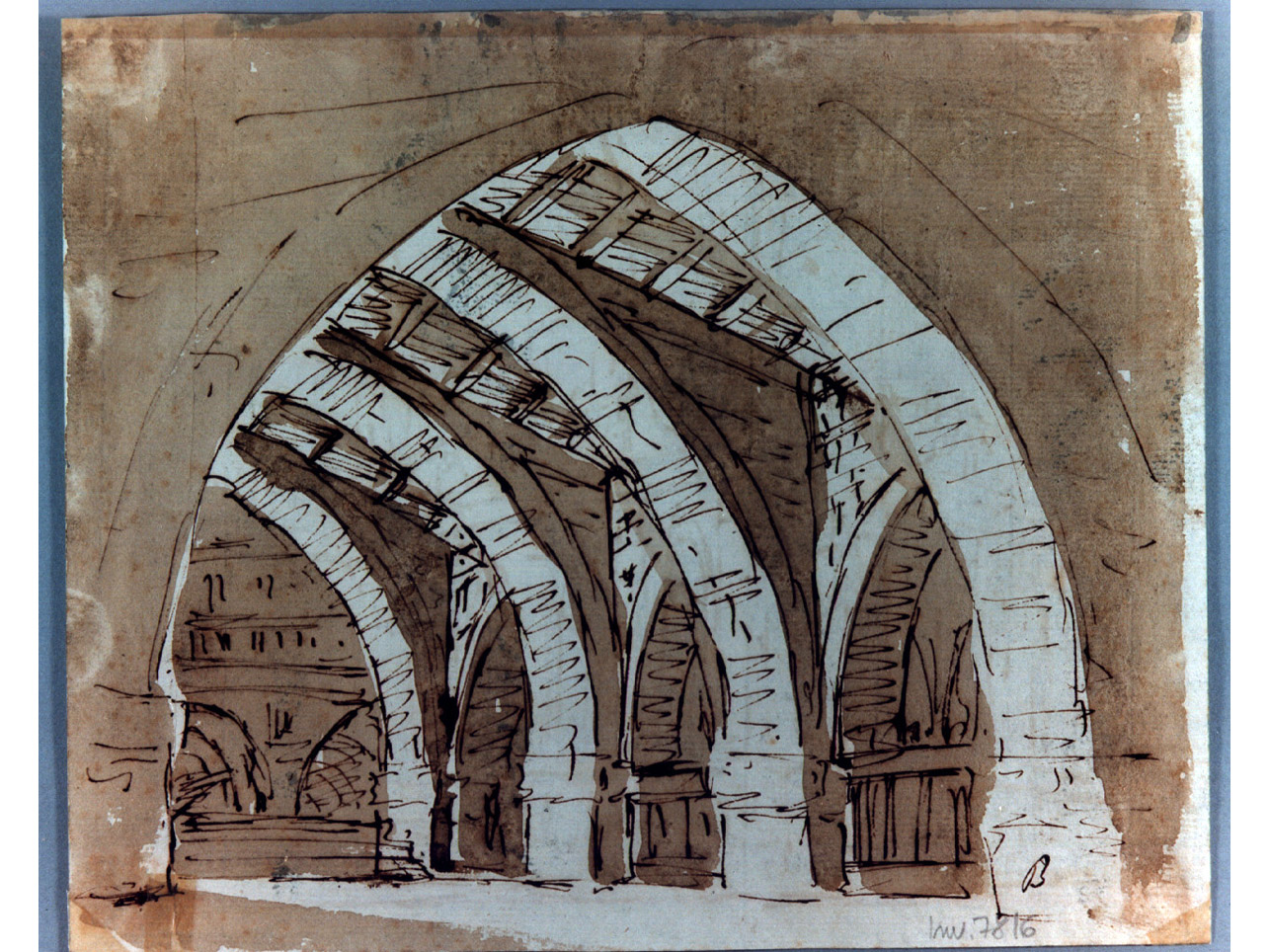 sala con archi a sesto acuto e soffitto ligneo (disegno, elemento d'insieme) di Niccolini Antonio (sec. XIX)