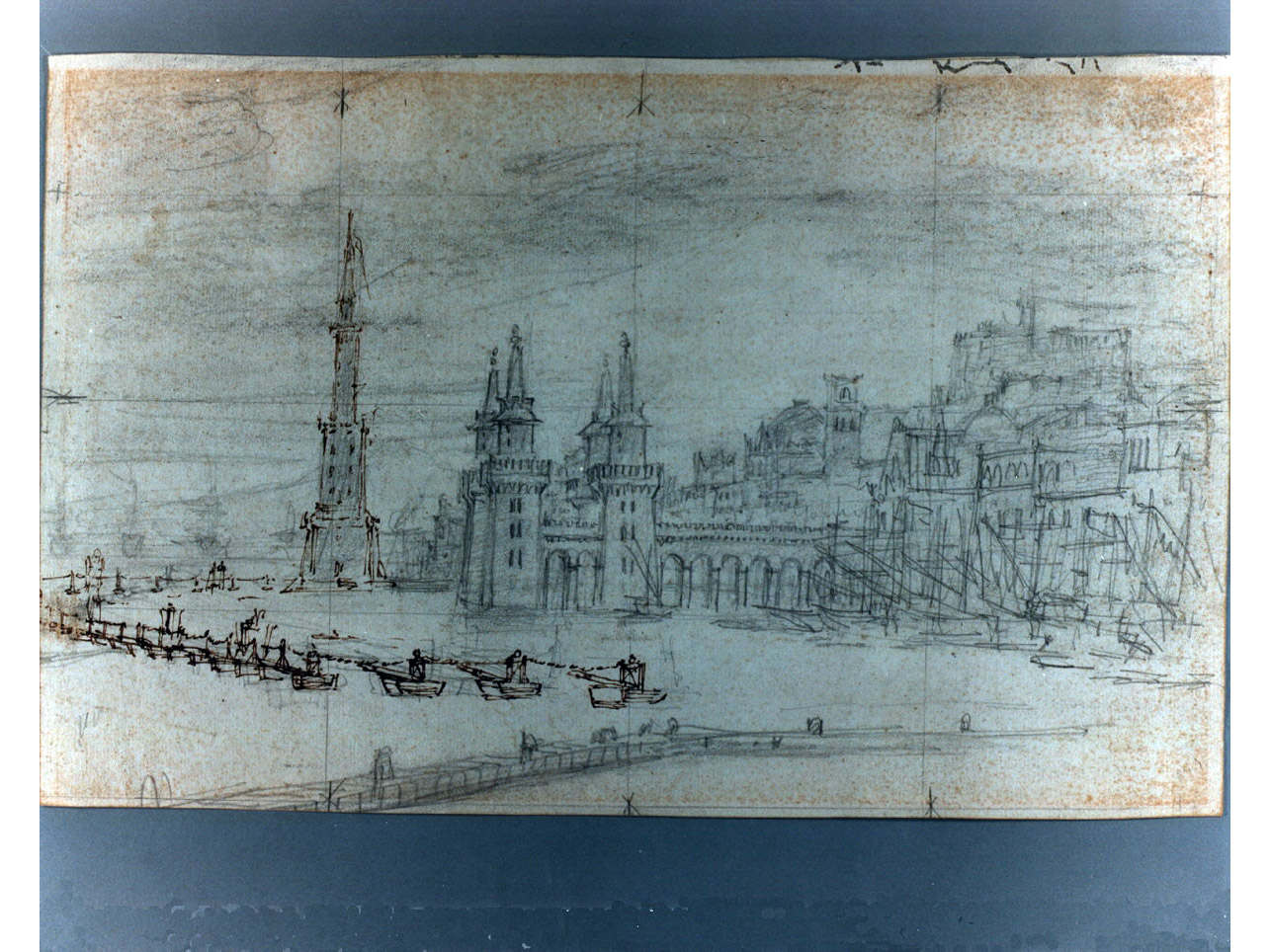 porto di città con sbarramenti difensivi (disegno, elemento d'insieme) di Niccolini Antonio (sec. XIX)