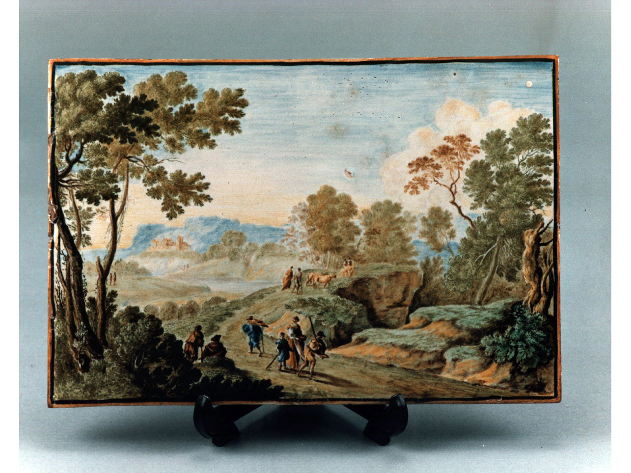paesaggio con animali (mattonella) di Grue Carlo Antonio (bottega) (secc. XVII/ XVIII)