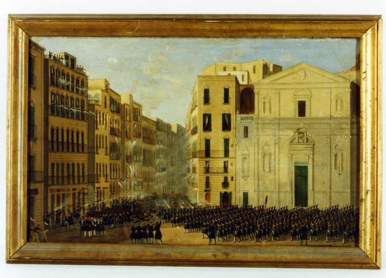 barricate a San Ferdinando del 15 Maggio 1848, veduta di città (dipinto) - ambito napoletano (metà sec. XIX)