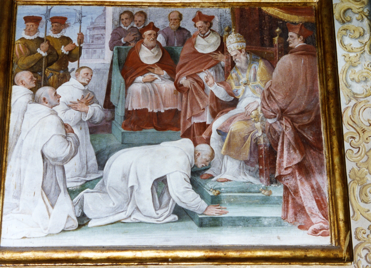 San Bruno con i discepoli ai piedi di papa Urbano II (dipinto) di Nucci Avanzino (sec. XVI)