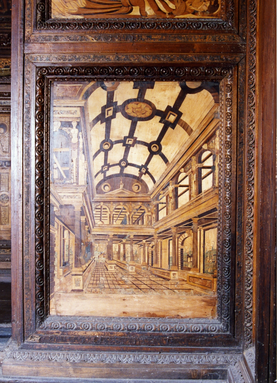 paesaggio con architetture (pannello) di Ferraro Nunzio, Ducha Lorenzo (secc. XVI/ XVII)