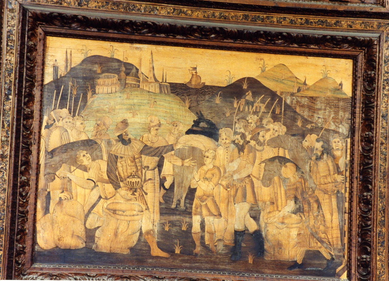 ritrovamento della coppa nel sacco di Beniamino (pannello) - bottega italiana (secc. XVI/ XVII)