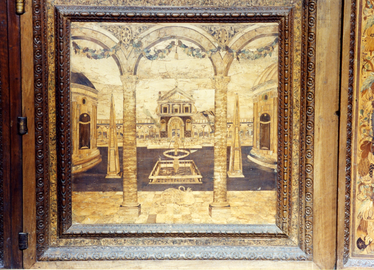 paesaggio con architetture (pannello) di Ducha Lorenzo (secc. XVI/ XVII)