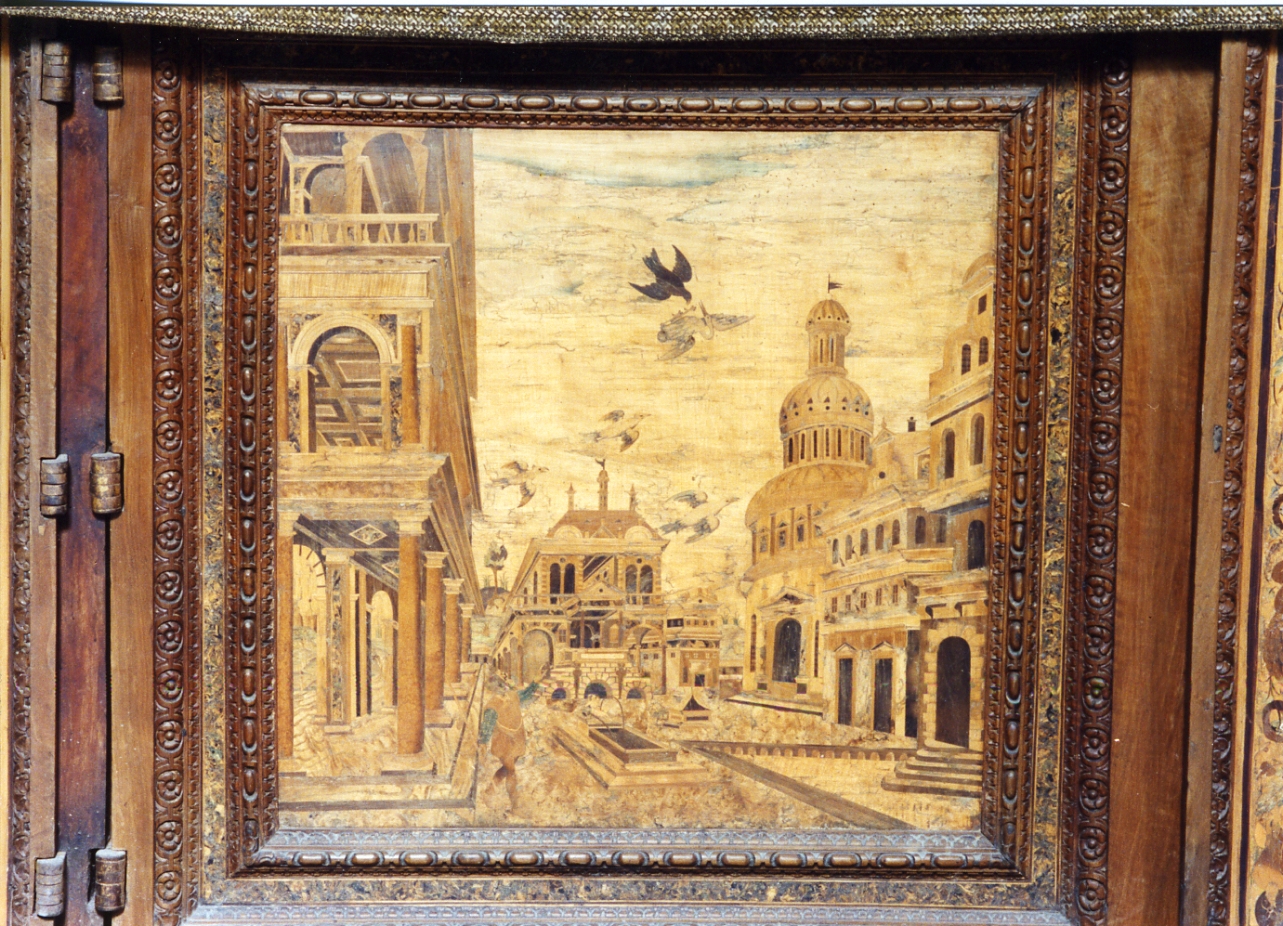 paesaggio con architetture (pannello) di Ducha Lorenzo (secc. XVI/ XVII)