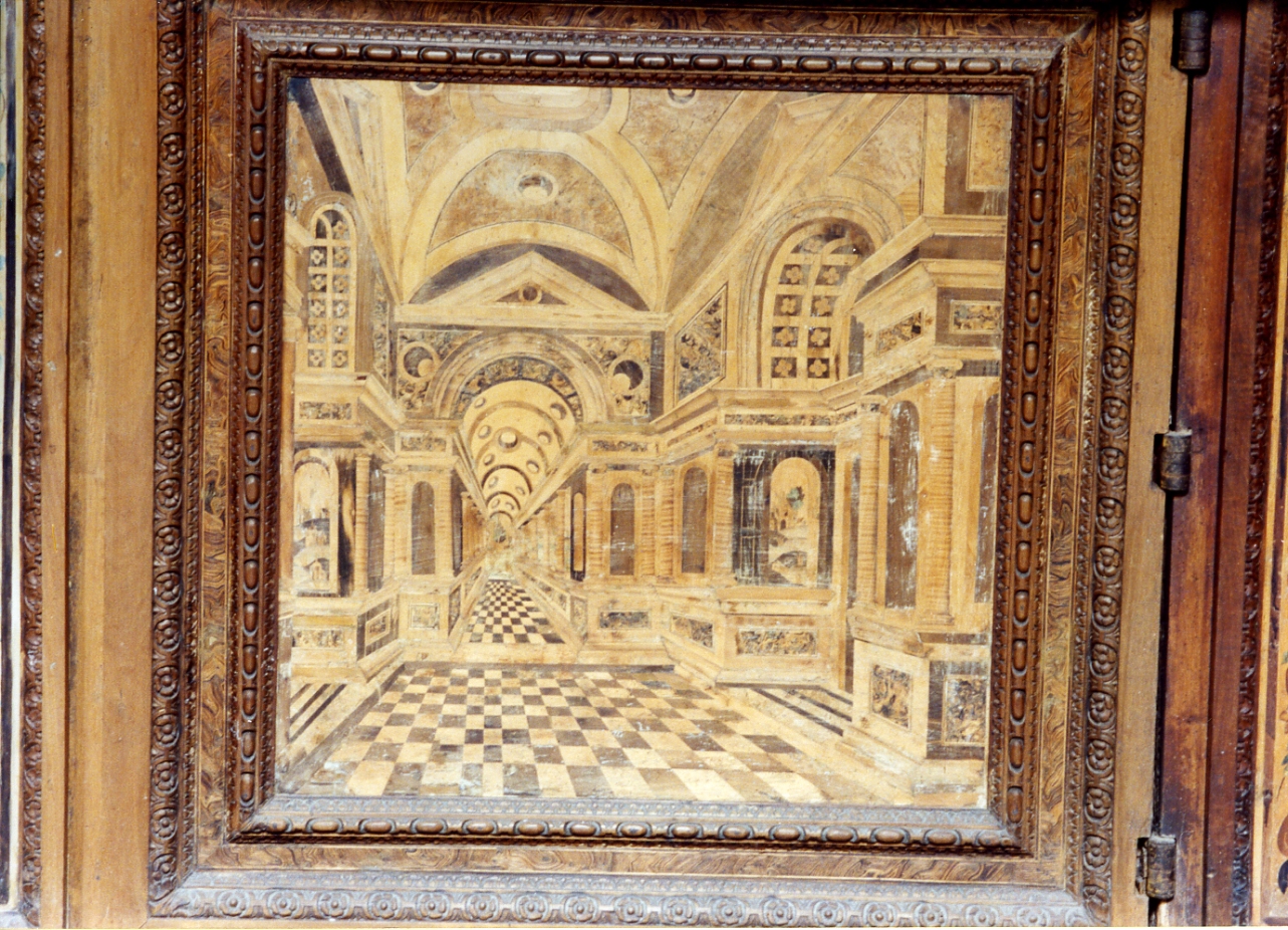 paesaggio con architetture (pannello) di Ducha Lorenzo (secc. XVI/ XVII)