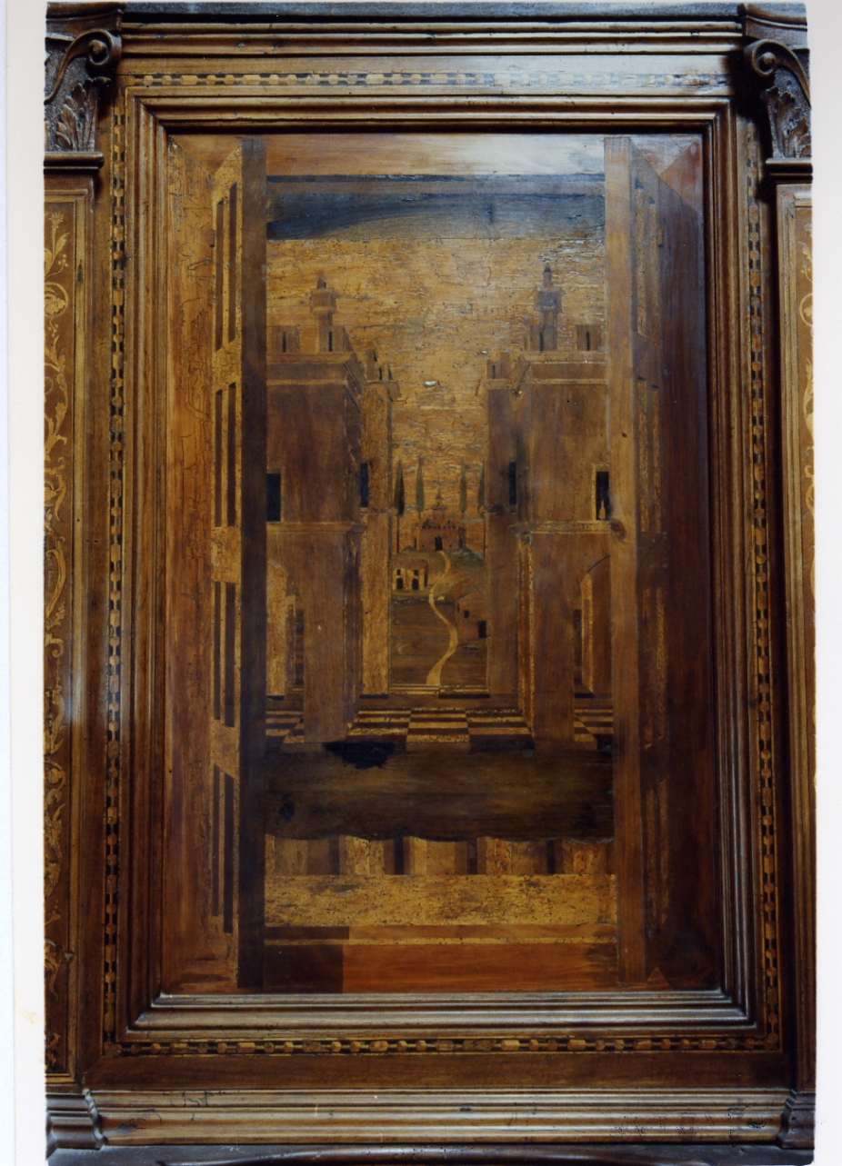 paesaggio con architetture (pannello) - bottega italiana (sec. XVI)