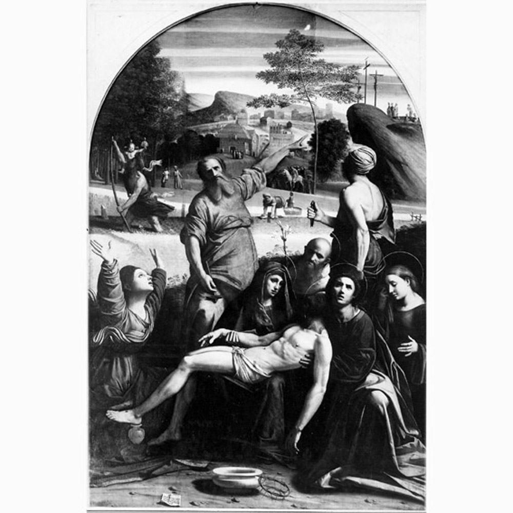 compianto sul Cristo morto (dipinto) di Benvenuti Giovanni Battista detto Ortolano (sec. XVI)