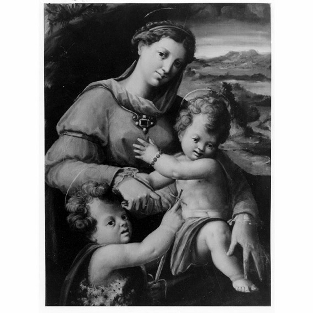 Madonna con Bambino e San Giovannino (dipinto) di Ramenghi Giovanni Battista (sec. XVI)