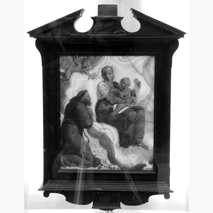 Madonna in adorazione del Bambino con San Francesco d'Assisi (dipinto, insieme) di Carracci Annibale (bottega) (sec. XVII)