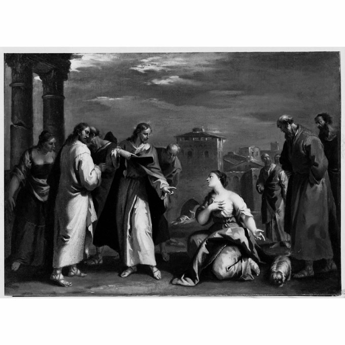 Cristo e l'adultera (dipinto, serie) di Ricci Sebastiano (sec. XVIII)
