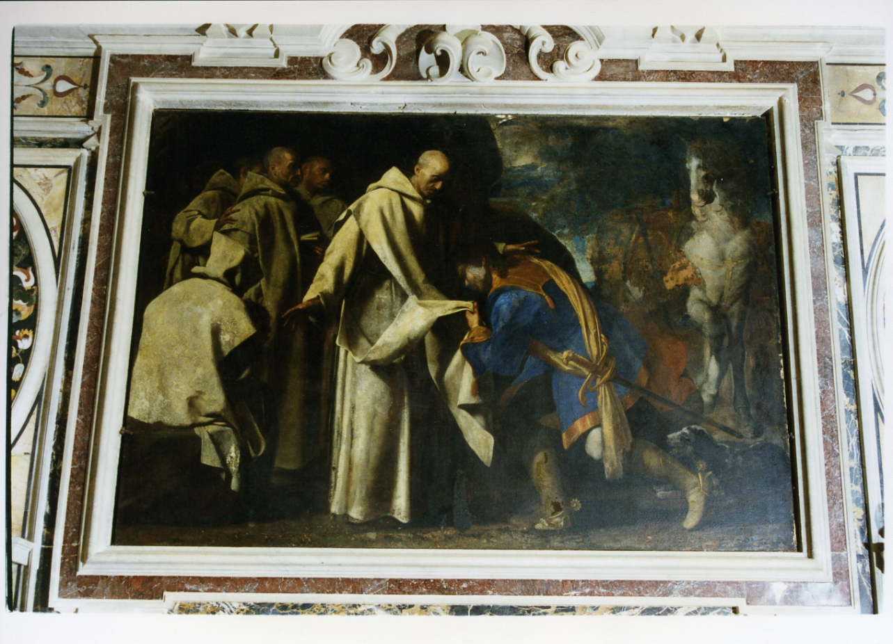 il conte Ruggero bacia le vesti a San Bruno (dipinto) - ambito napoletano (sec. XVIII)