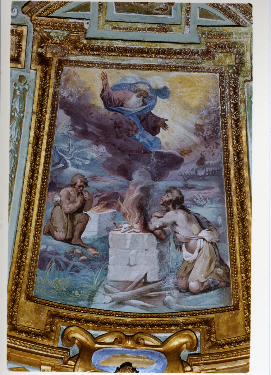 sacrificio di Caino e di Abele: Abele offre un agnello, Caino un fascio di spighe (dipinto) di Corenzio Belisario (sec. XVI)