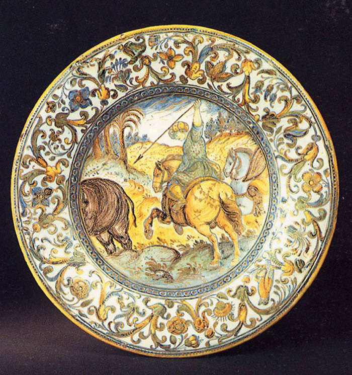 scena di caccia (piatto, opera isolata) di Grue Francesco (prima metà sec. XVII)