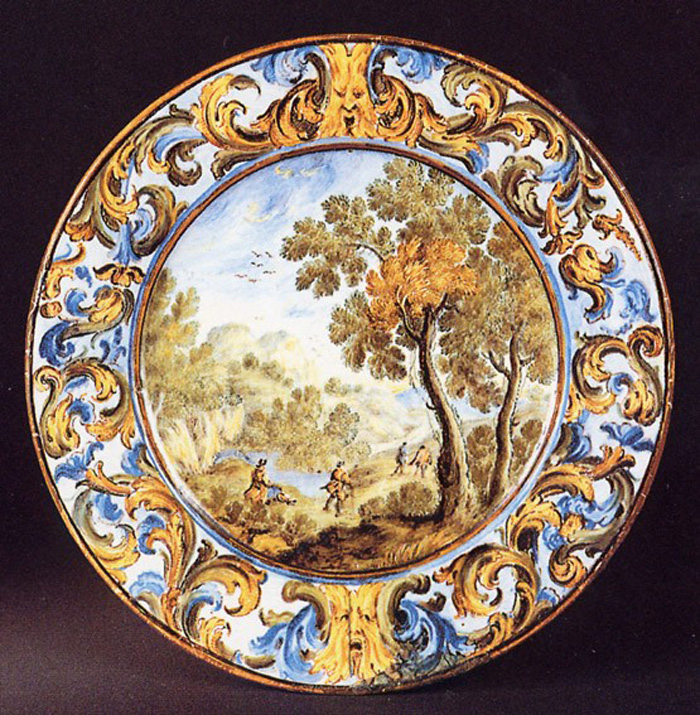 paesaggio (piattino, opera isolata) di Grue Carlo Antonio (sec. XVII)