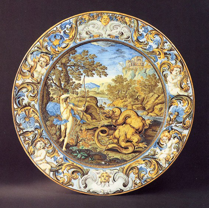 Apollo uccide Pitone (vassoio, opera isolata) di Grue Carlo Antonio (sec. XVII)