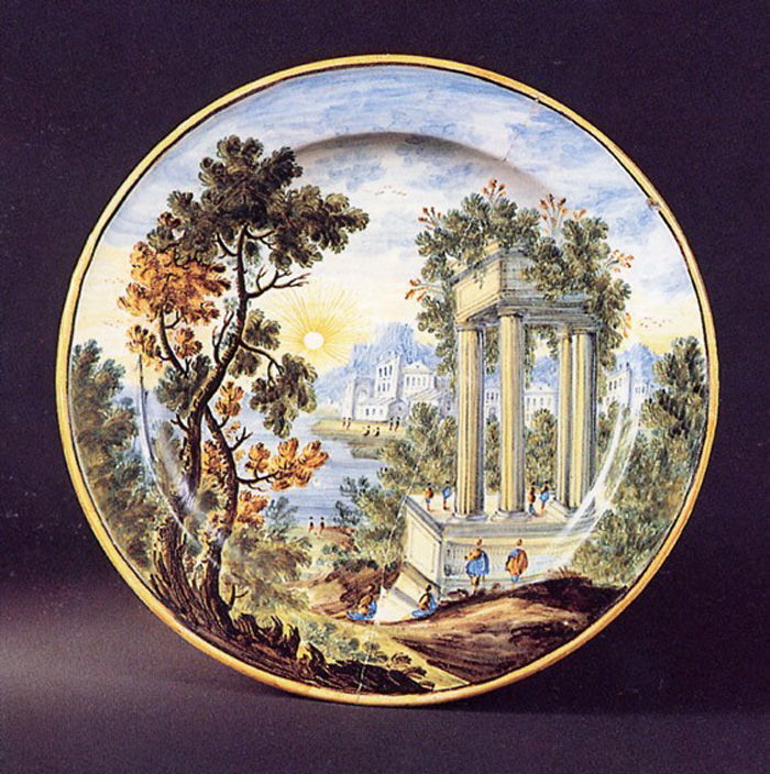 paesaggio con figure e rovine (piatto, ciclo) di Grue Aurelio (prima metà sec. XVIII)