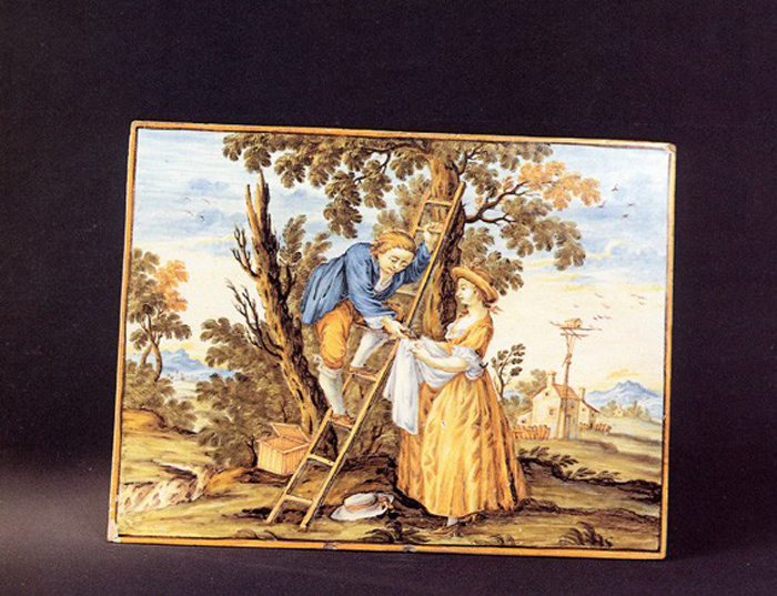 scena campestre con figure (mattonella, elemento d'insieme) di Grue Francesco Saverio Maria (sec. XVIII)