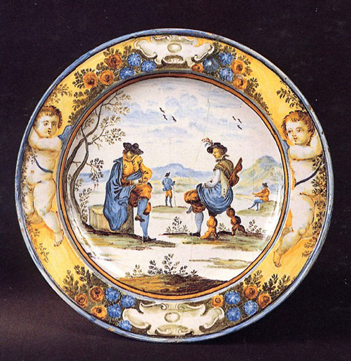 paesaggio con figure maschili (piatto) di Grue Francesco Saverio di Giovanni (prima metà sec. XVIII)